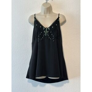Vtg 90s Black Tank Crochet Butterfly Sequins Bead Fairycore Whimsigoth 2XL